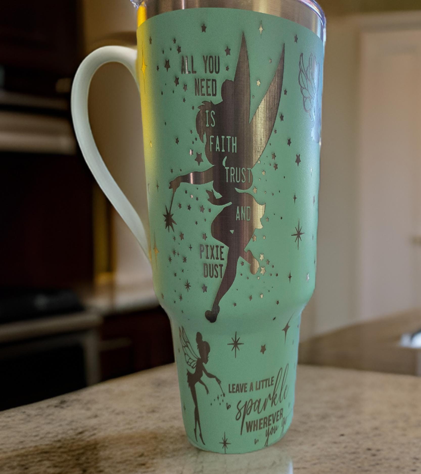 Tinkerbell Travel Tumbler: Blue Insulated Coffee Cup, Gift for Tea Lovers
