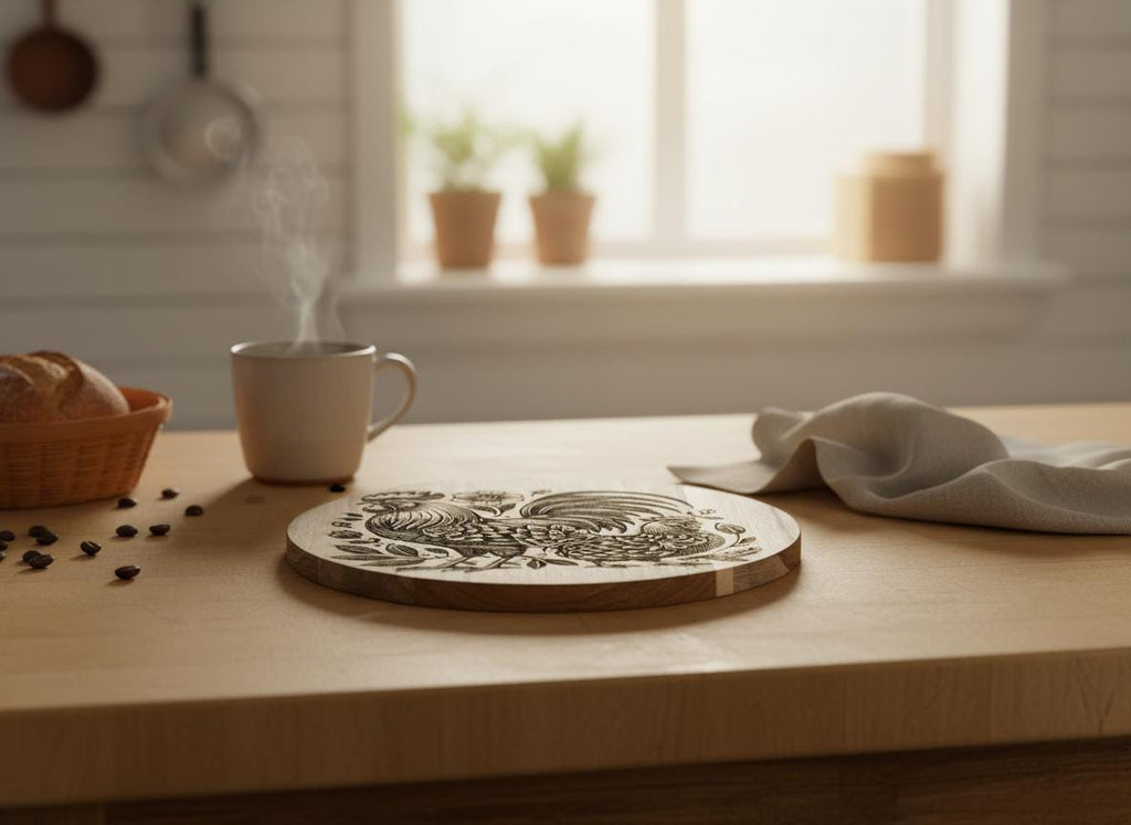 Deep Engraved Wooden Rooster Trivet: Rustic 9x9 Farmhouse Kitchen Accent