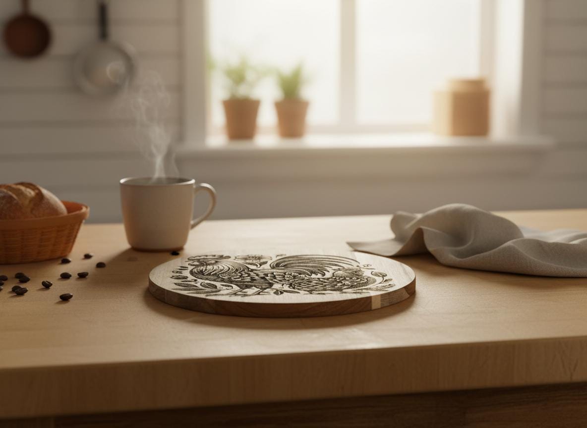 Deep Engraved Wooden Rooster Trivet: Rustic 9x9 Farmhouse Kitchen Accent