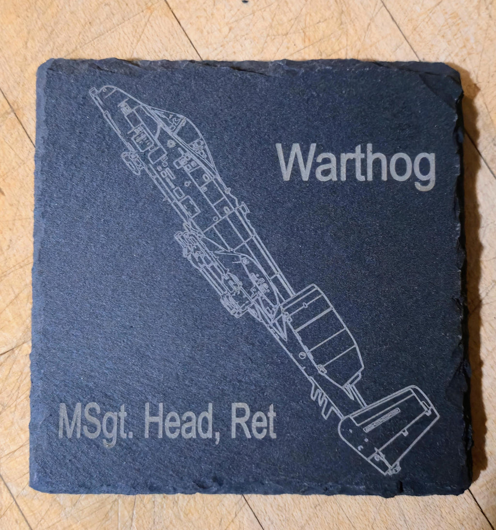 A-10 Warthog Slate Coaster Set: Custom Engraved 4-View Design with Name and Rank