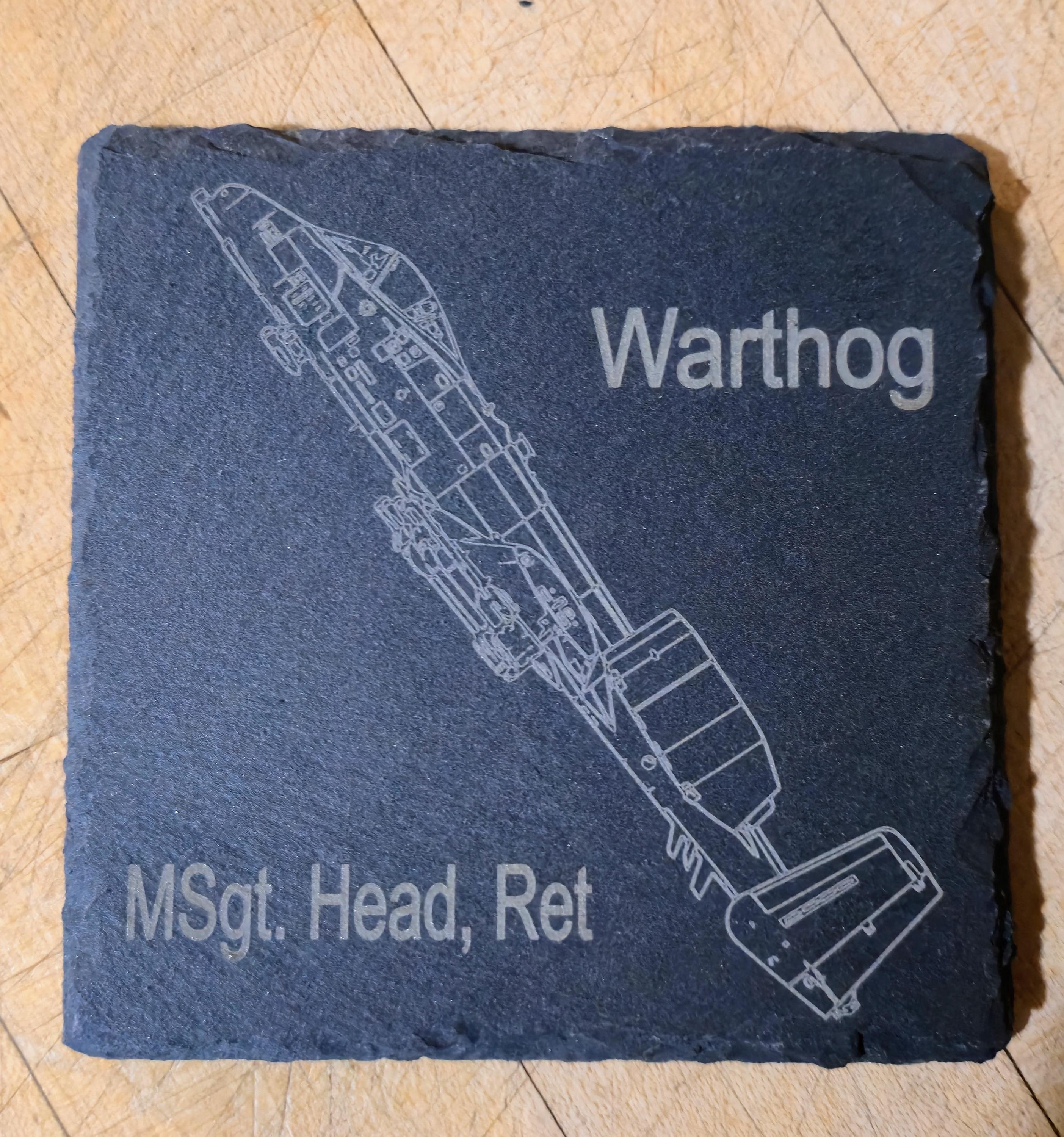 A-10 Warthog Slate Coaster Set: Custom Engraved 4-View Design with Name and Rank