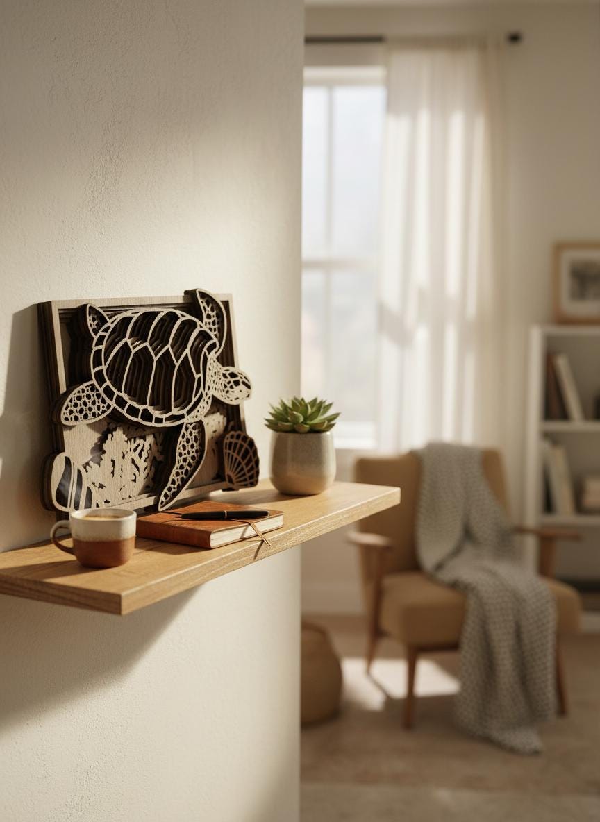 3D Walnut Turtle Wall Art: Layered Ocean Decor for Coastal Homes
