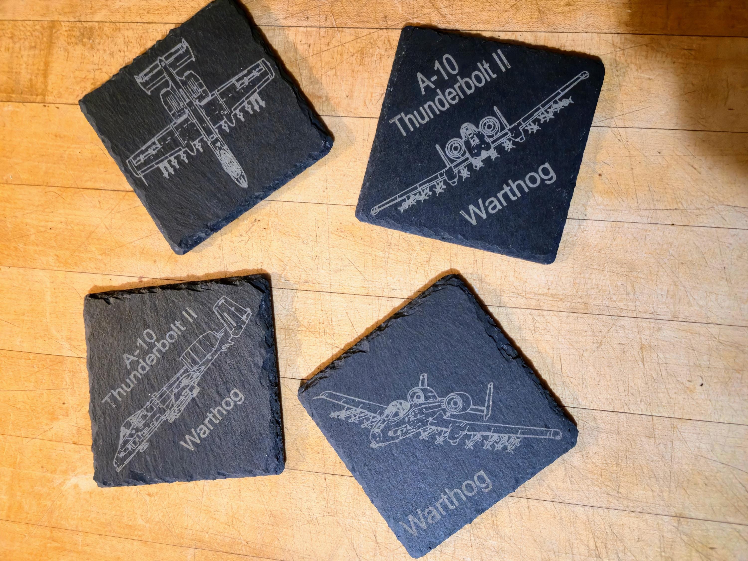 A-10 Warthog Slate Coaster Set: Custom Engraved 4-View Design with Name and Rank