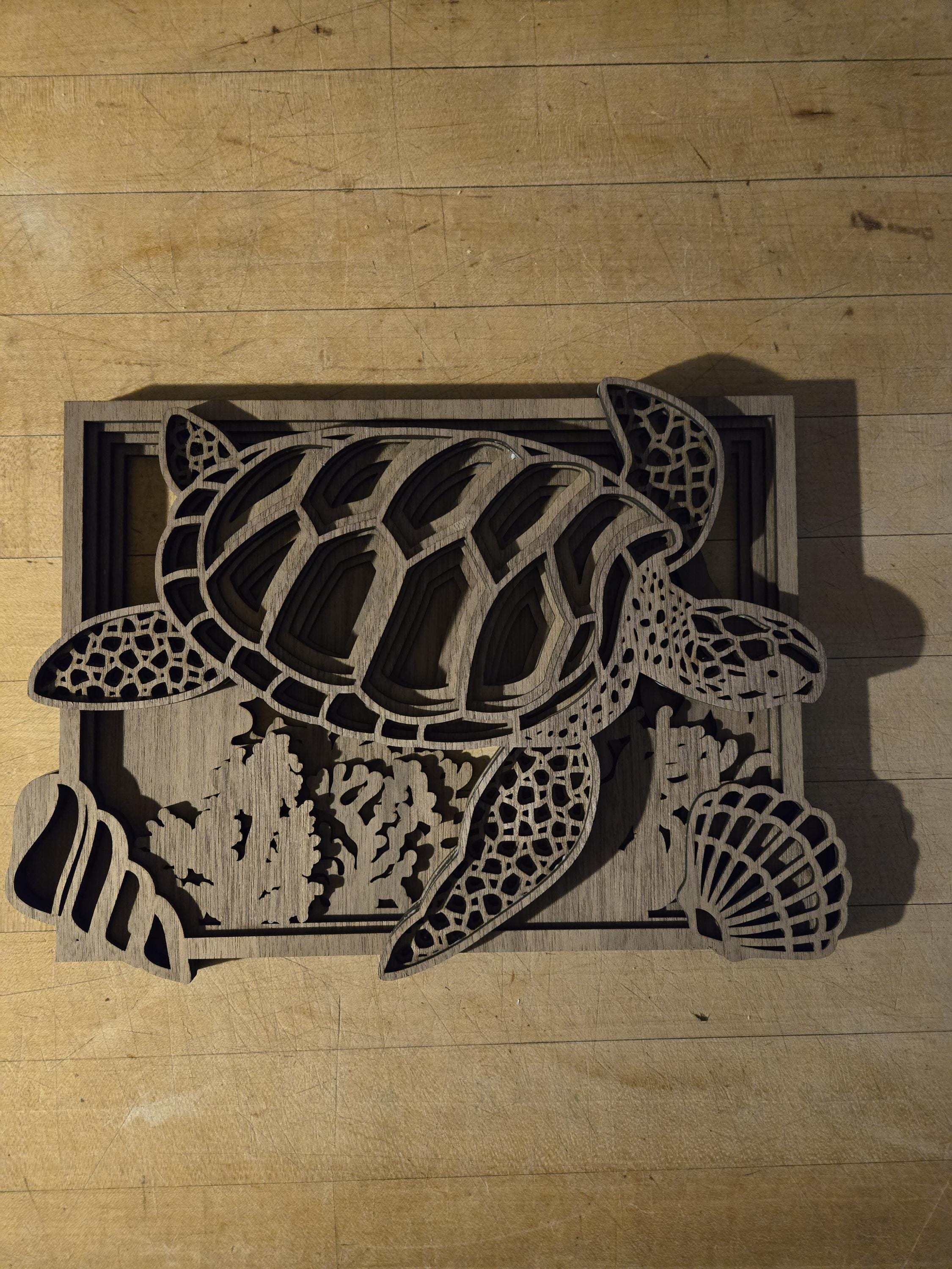 3D Walnut Turtle Wall Art: Layered Ocean Decor for Coastal Homes