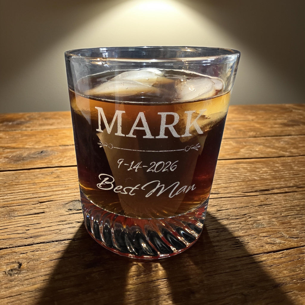 Personalized Crystal Whiskey Glass for Groomsmen, Custom Etched 12 oz Wedding Day Barware Gift