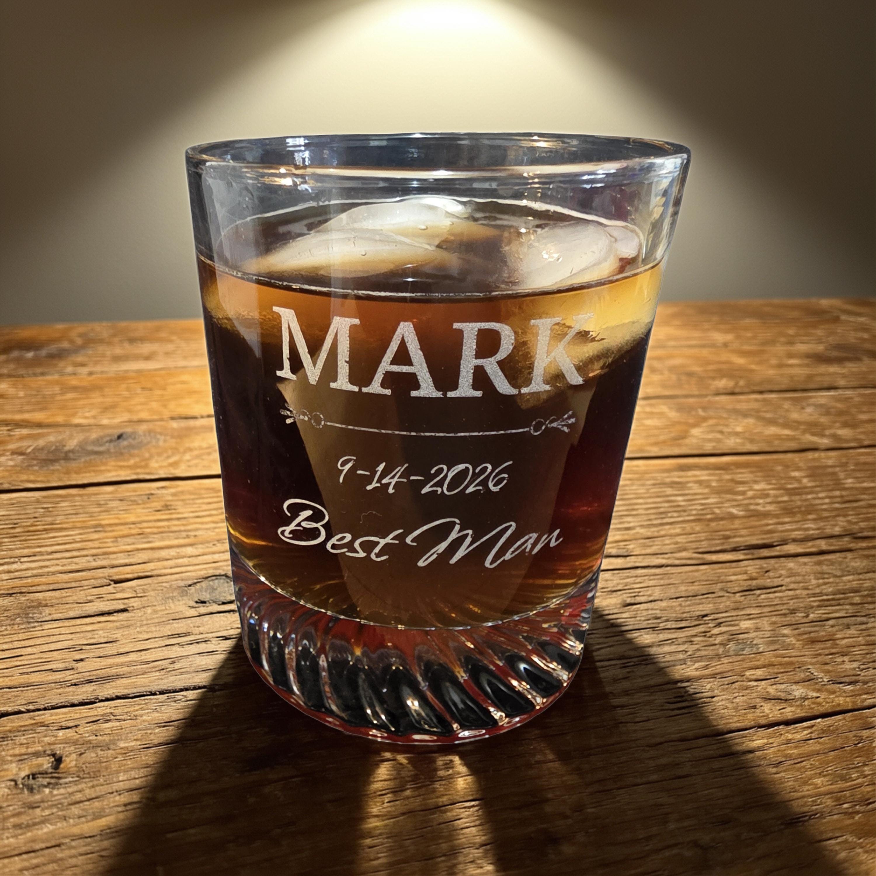 Personalized Crystal Whiskey Glass for Groomsmen, Custom Etched 12 oz Wedding Day Barware Gift