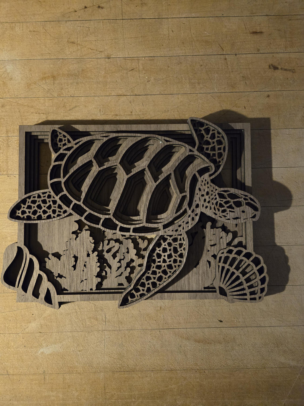 3D Walnut Turtle Wall Art: Layered Ocean Decor for Coastal Homes