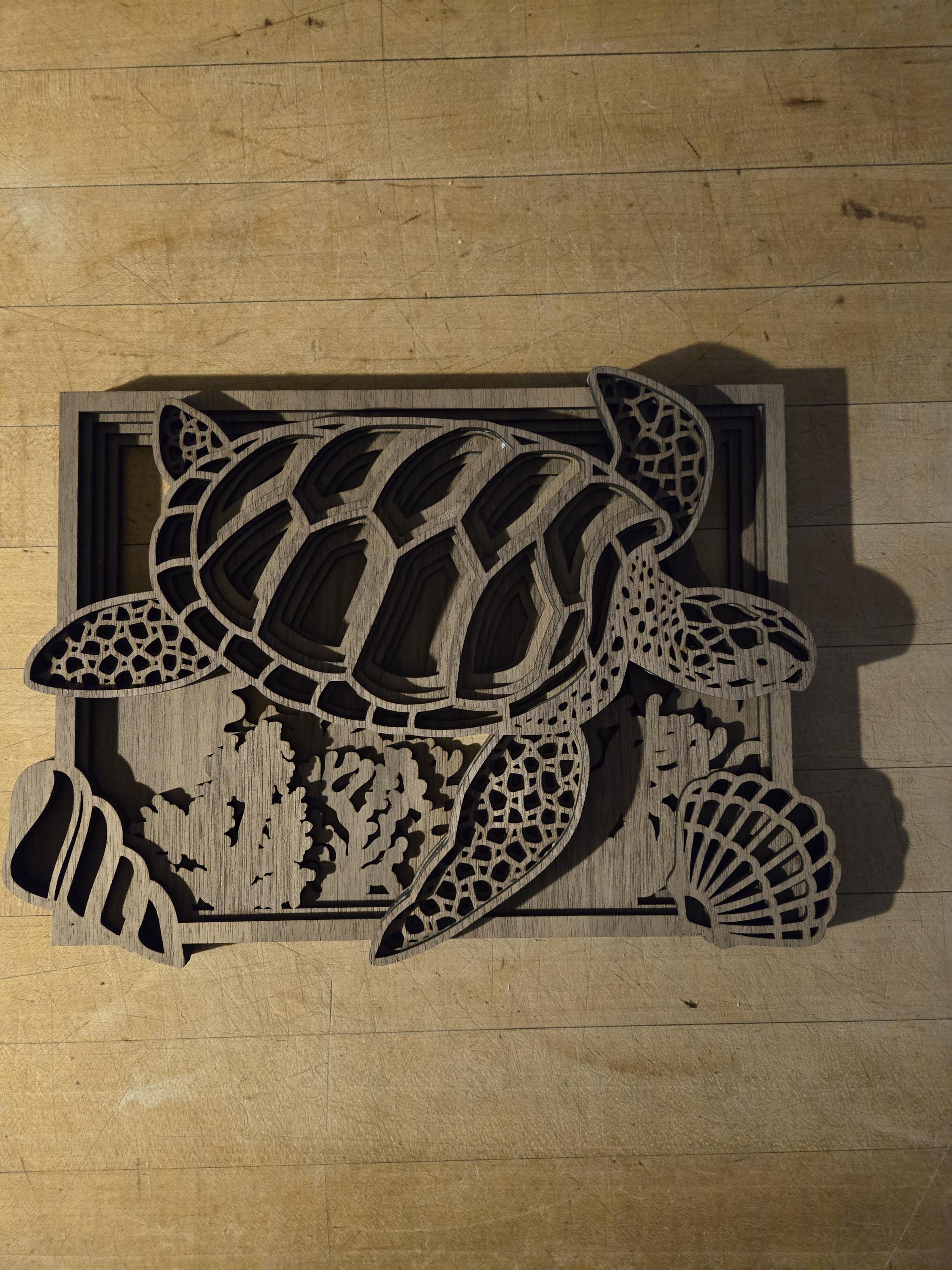 3D Walnut Turtle Wall Art: Layered Ocean Decor for Coastal Homes