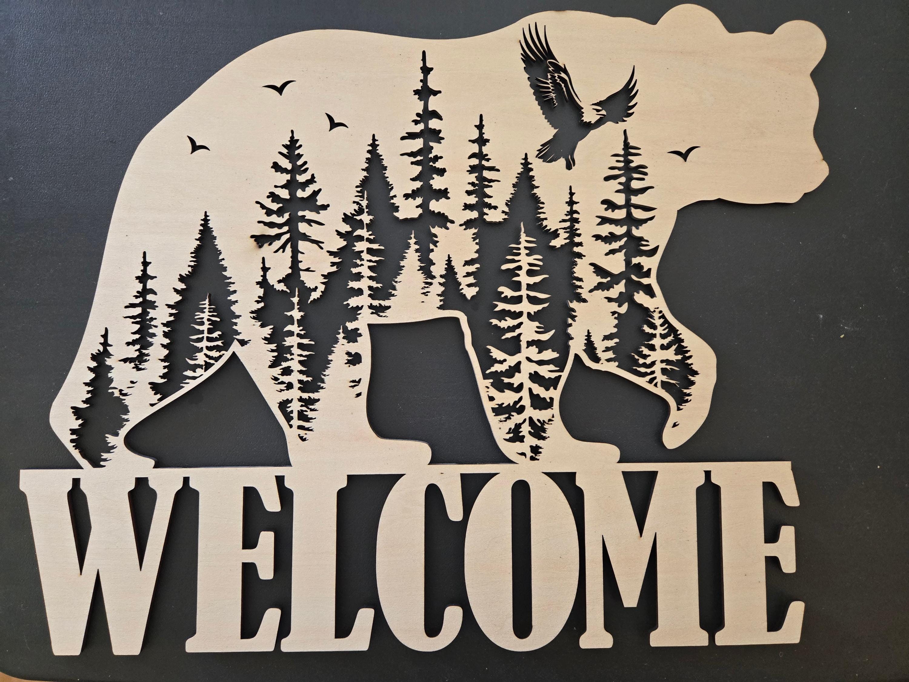 Wooden Welcome Sign with Majestic Bear