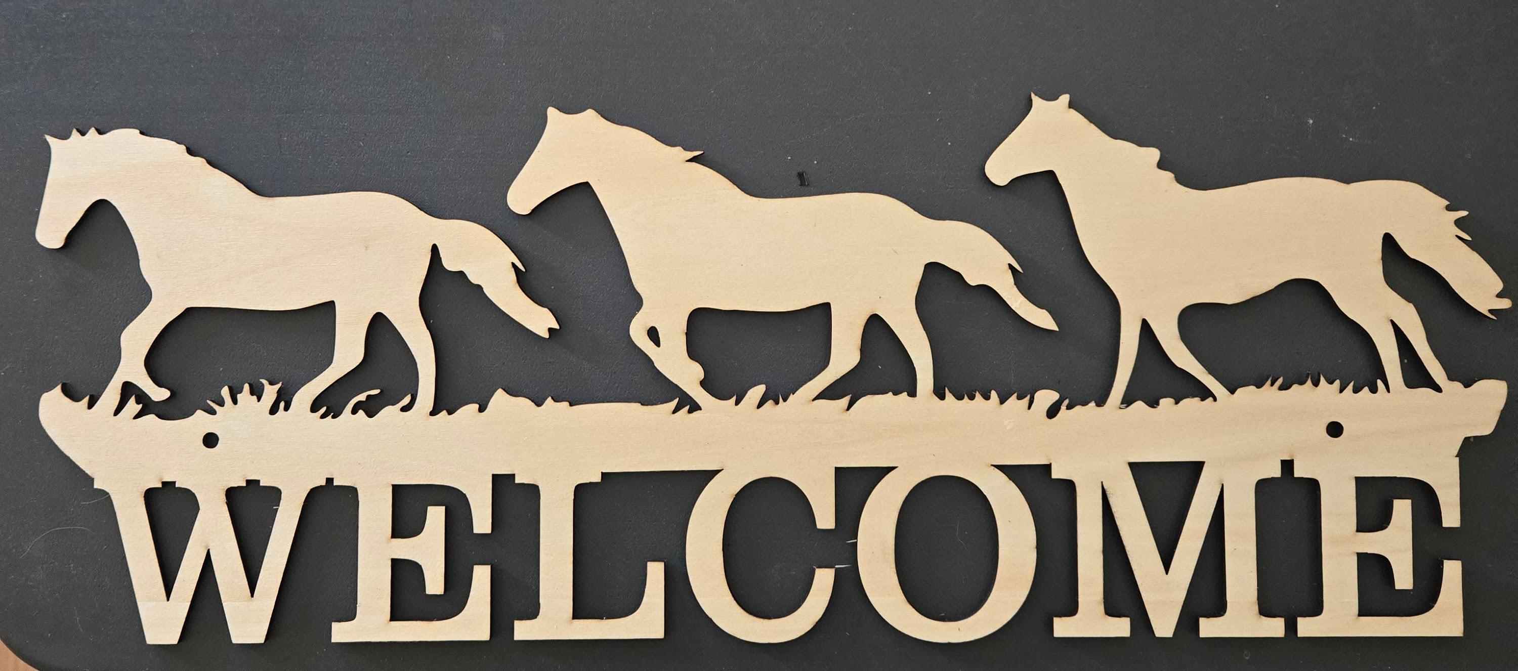Wooden Welcome Sign with Majestic Running Horses