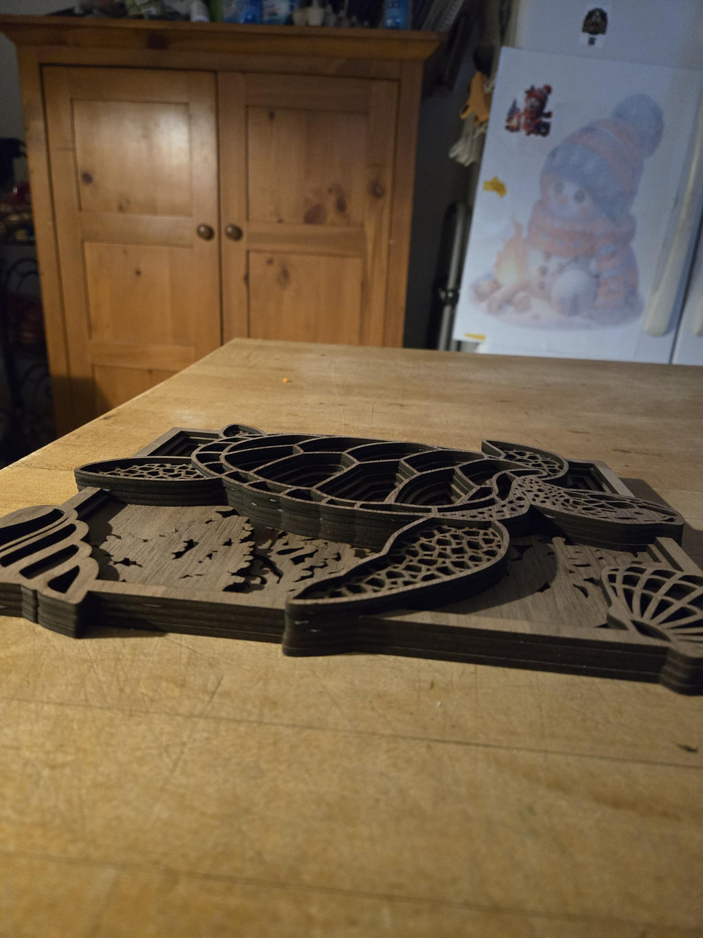 3D Walnut Turtle Wall Art: Layered Ocean Decor for Coastal Homes