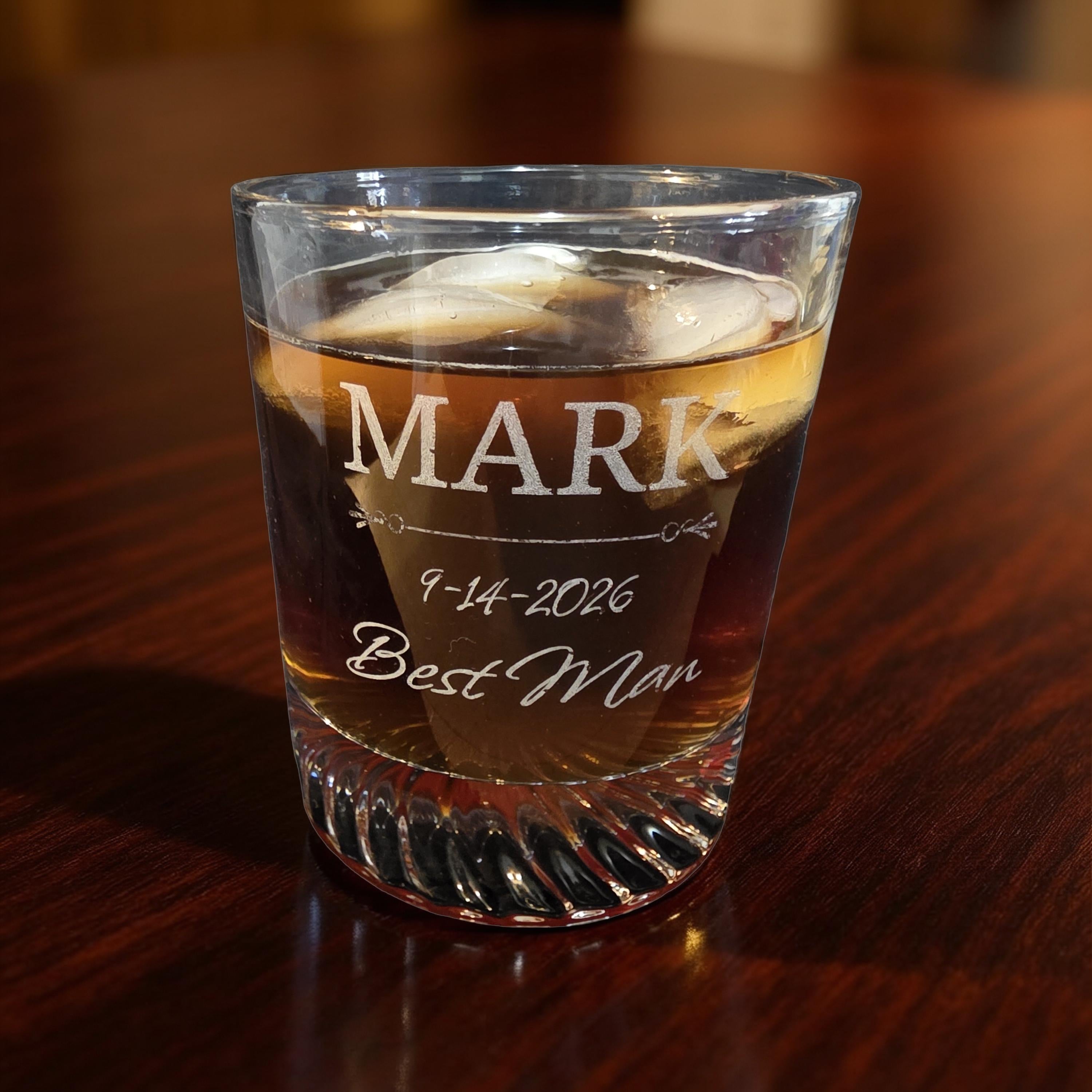 Personalized Crystal Whiskey Glass for Groomsmen, Custom Etched 12 oz Wedding Day Barware Gift