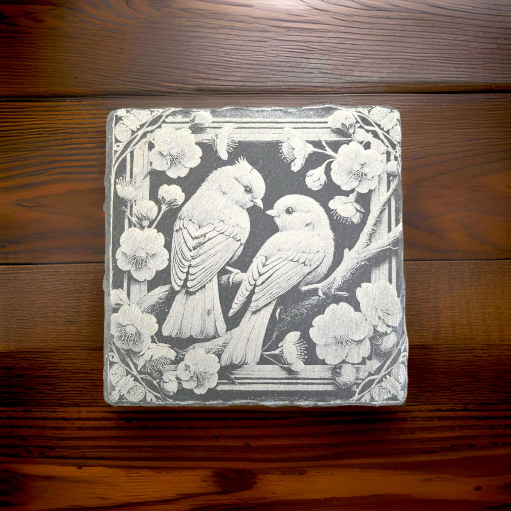 Artistic Slate Coasters: Swan, Butterfly & Love Birds - Set of 4