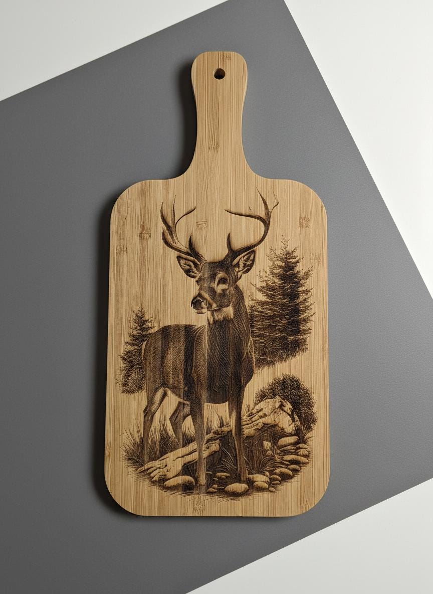 Personalized Bamboo Cutting Board, Deep Engraved Deer Design, 7x15 Rustic Cabin Kitchen Décor or Functional Gift for Outdoorsmen