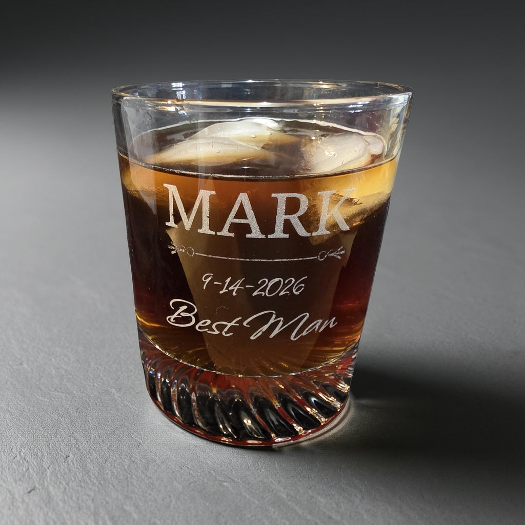 Personalized Crystal Whiskey Glass for Groomsmen, Custom Etched 12 oz Wedding Day Barware Gift