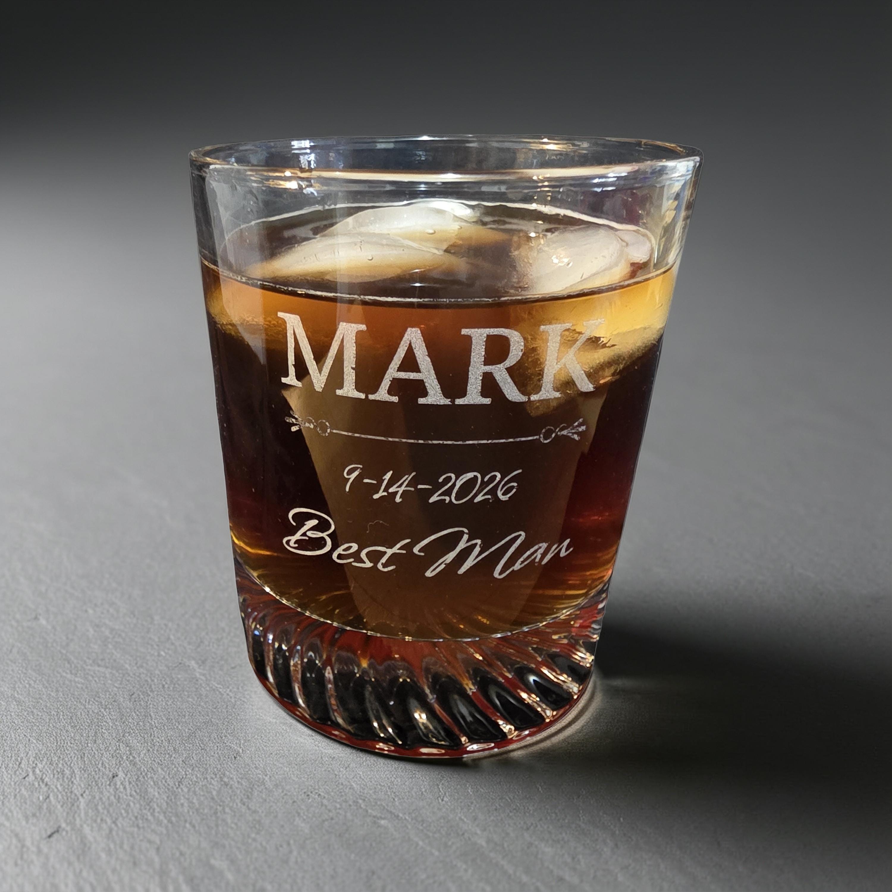 Personalized Crystal Whiskey Glass for Groomsmen, Custom Etched 12 oz Wedding Day Barware Gift