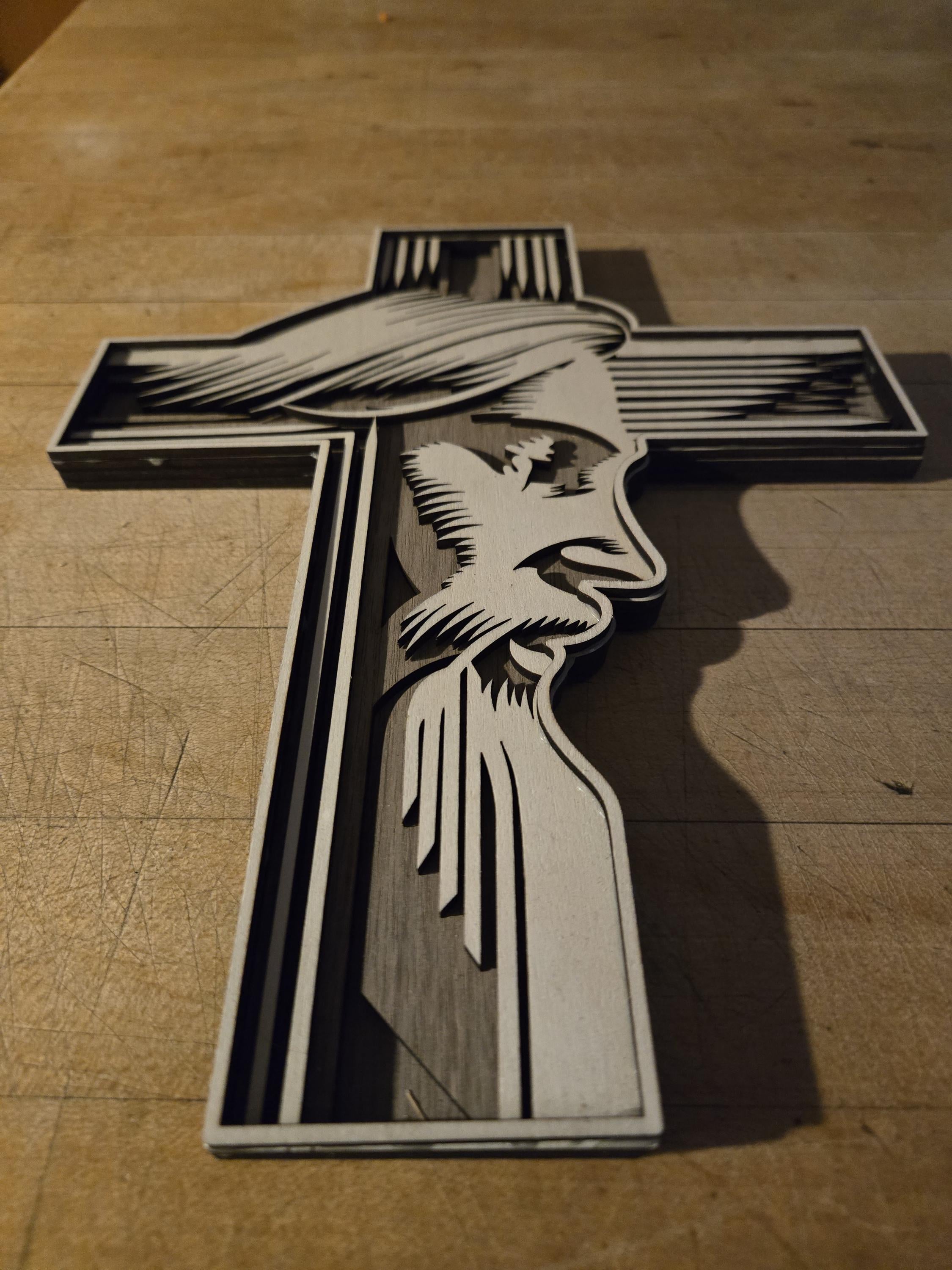 Layered Basswood and Walnut Jesus Cross Wall Art