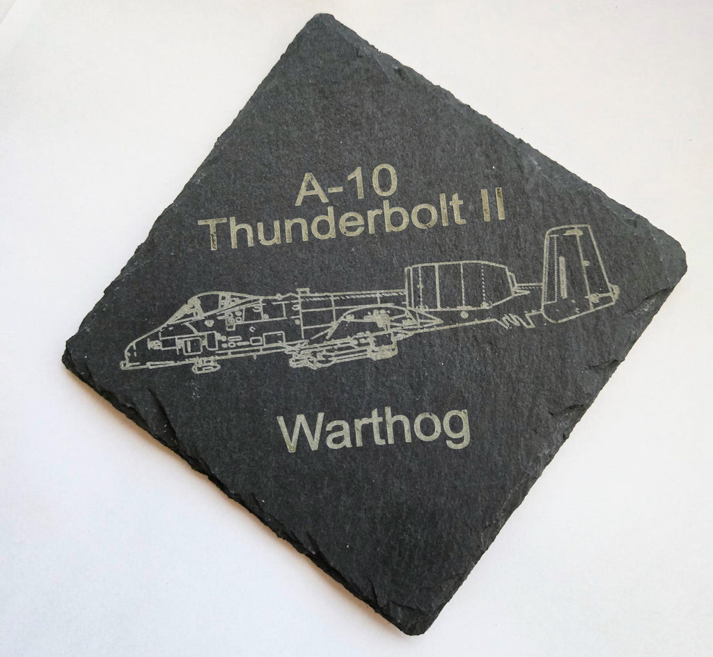 A-10 Warthog Slate Coaster Set: Custom Engraved 4-View Design with Name and Rank