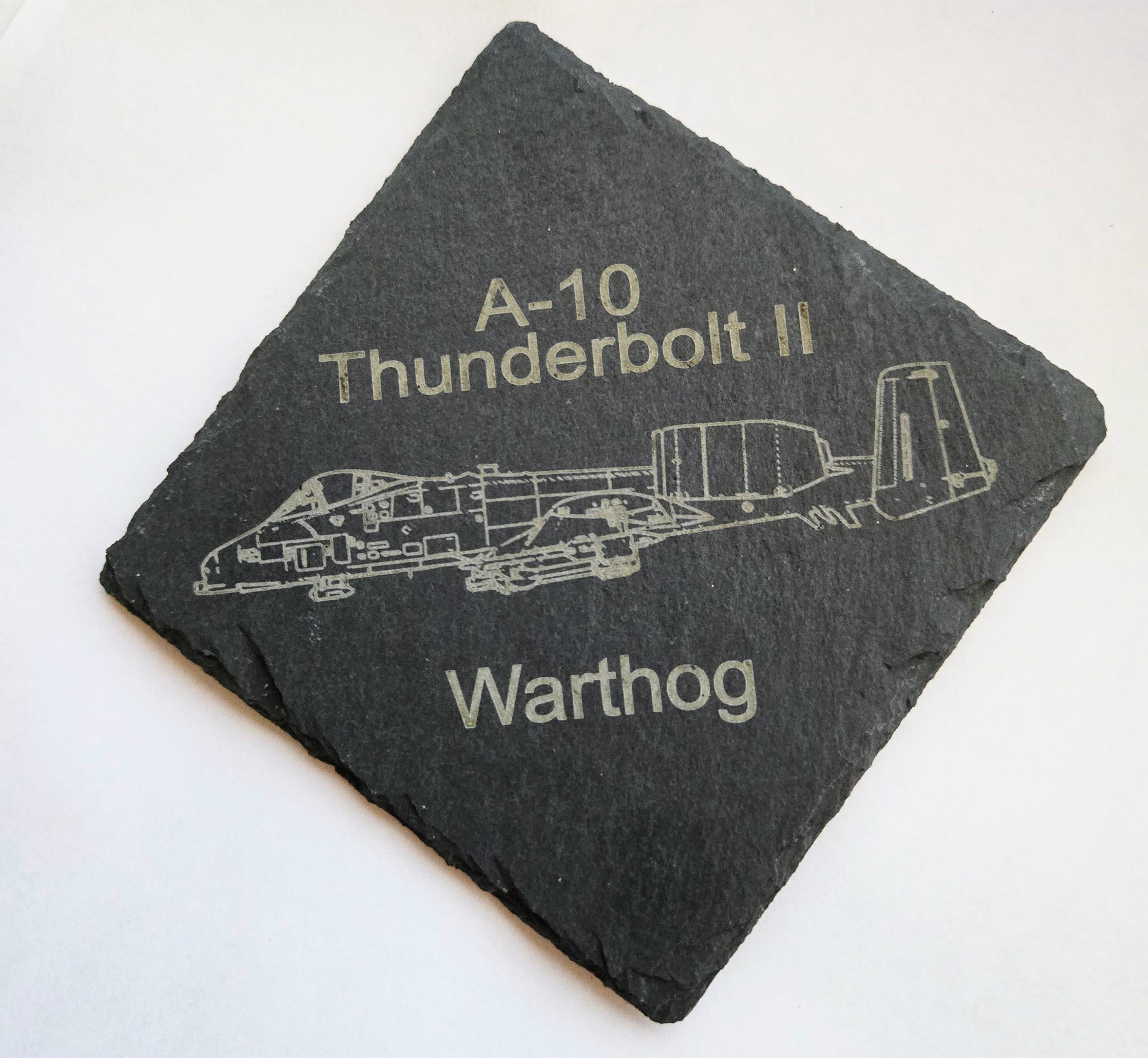 A-10 Warthog Slate Coaster Set: Custom Engraved 4-View Design with Name and Rank