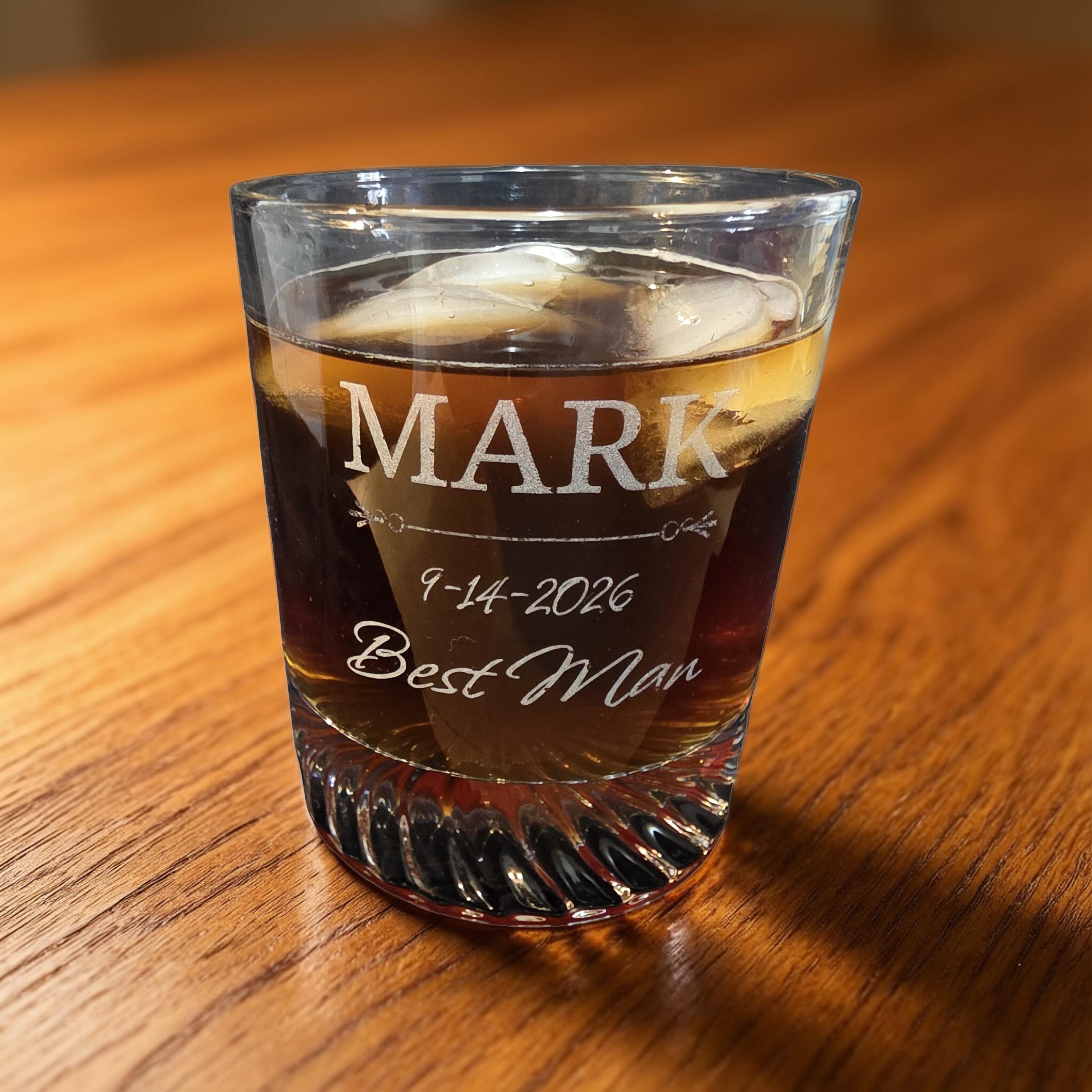 Personalized Crystal Whiskey Glass for Groomsmen, Custom Etched 12 oz Wedding Day Barware Gift