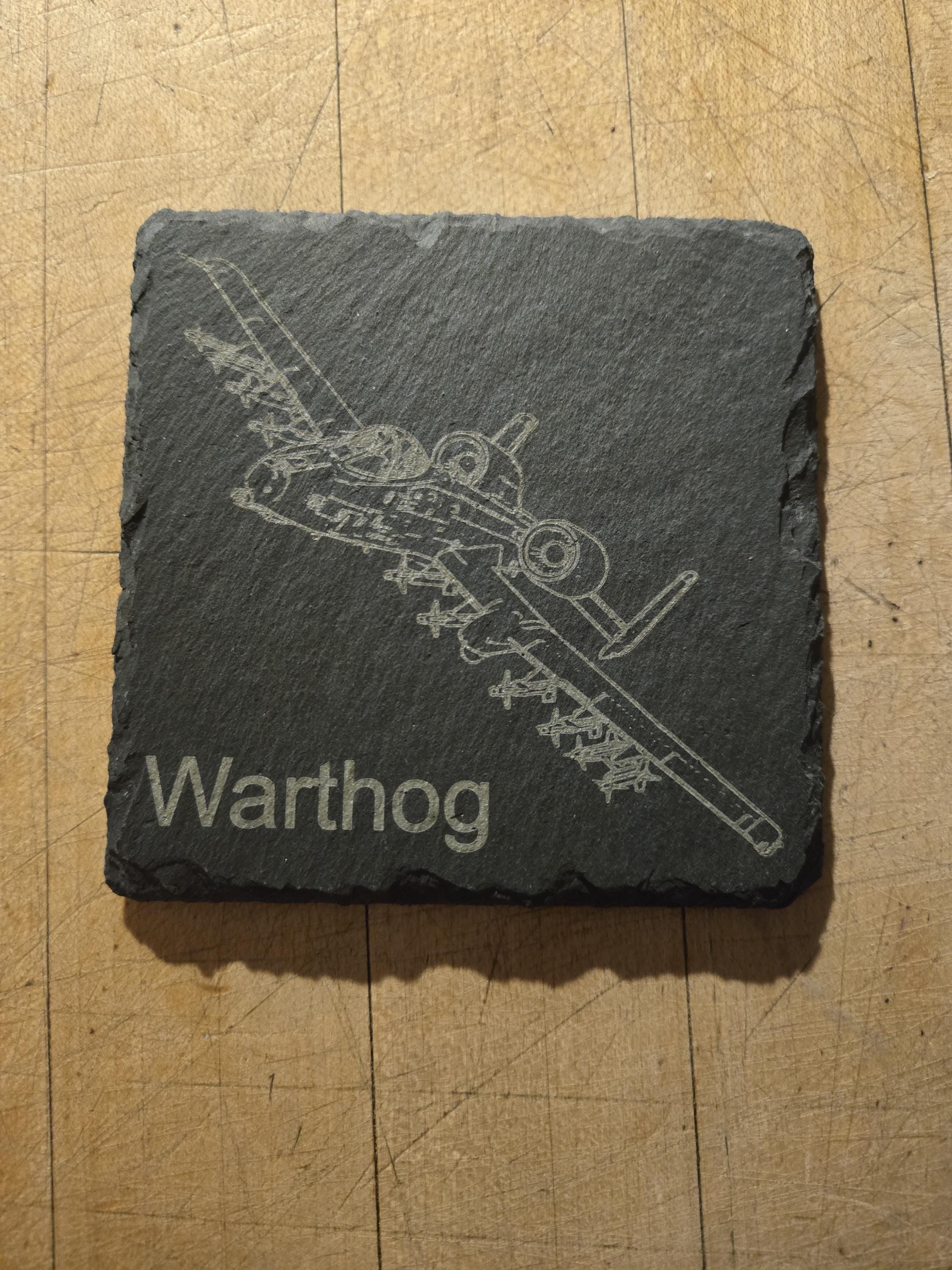A-10 Warthog Slate Coaster Set: Custom Engraved 4-View Design with Name and Rank