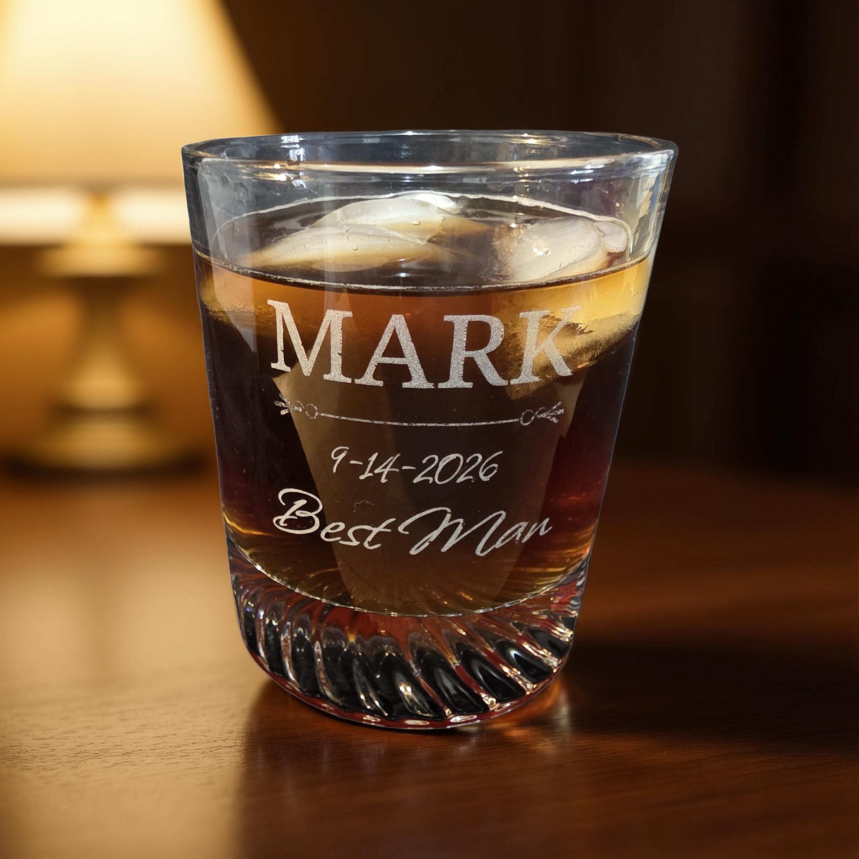 Personalized Crystal Whiskey Glass for Groomsmen, Custom Etched 12 oz Wedding Day Barware Gift