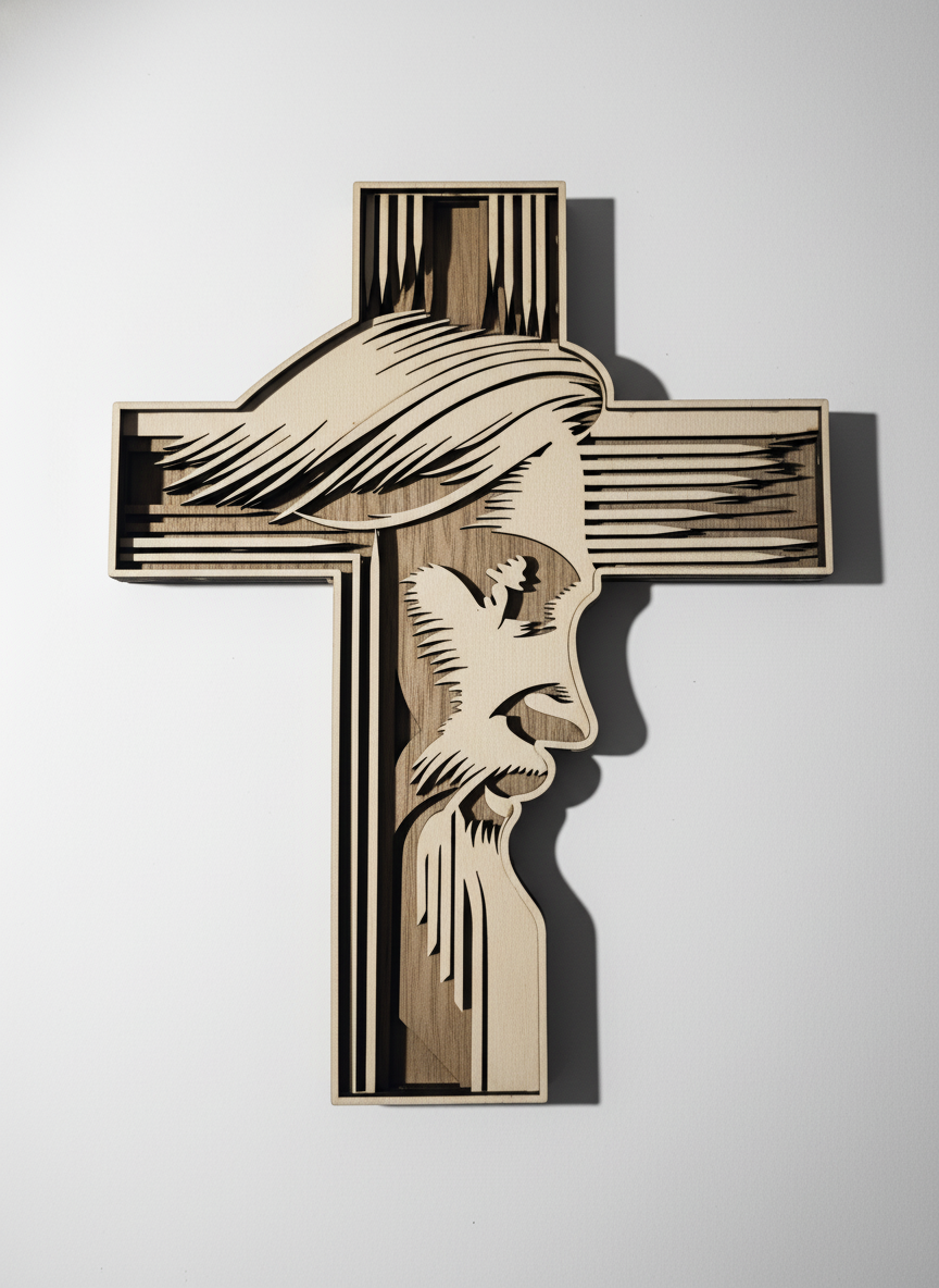 Layered basswood wood and walnut Jesus wall cross art