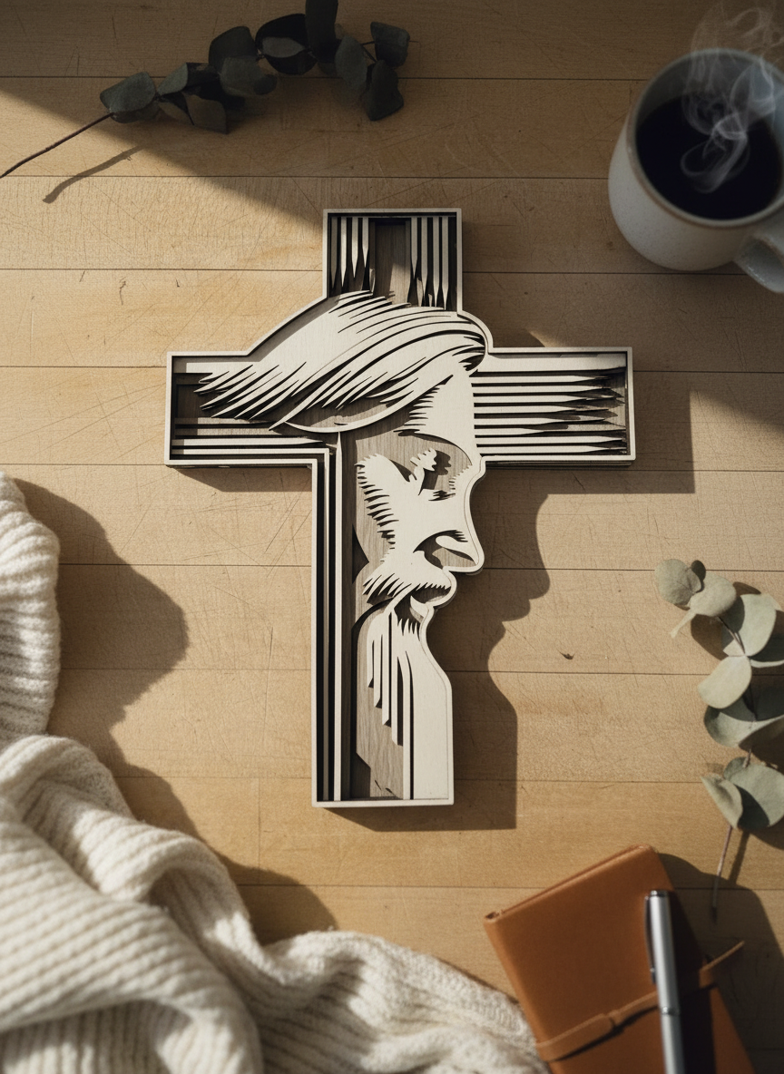 Layered basswood wood and walnut Jesus wall cross art